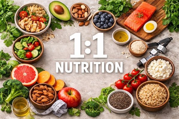 bowls of health foods in circle, 1:1 nutrition