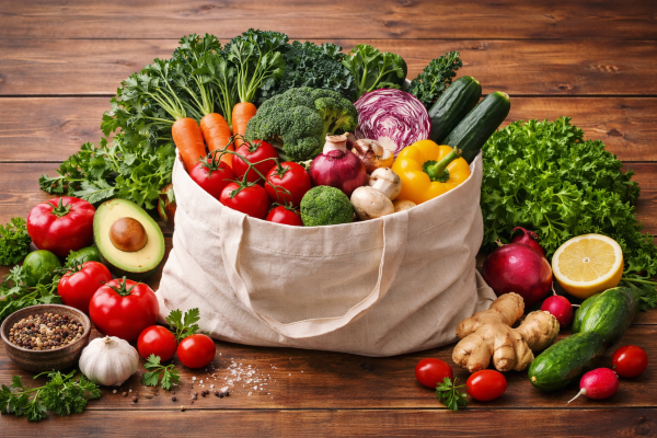 canvas bag filled with vegetables on a wood surface