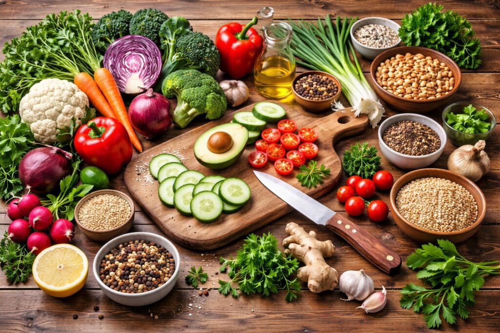 table of plate and vegetables being prepared